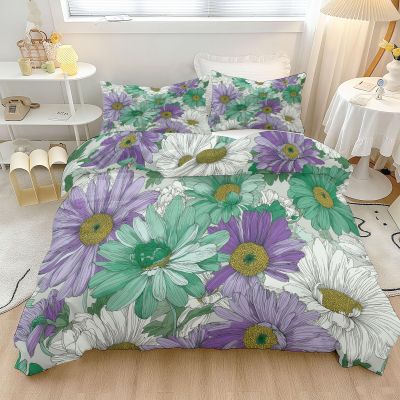 Green and Purple Microfiber 3-Piece Duvet Cover Set, Retro Floral Pattern, 200 x 200 cm