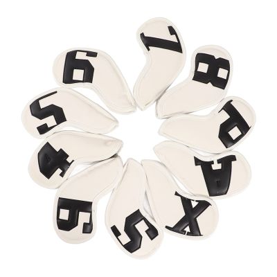 Golf Iron Headcovers, 10-Piece Set, White with Black Numbers