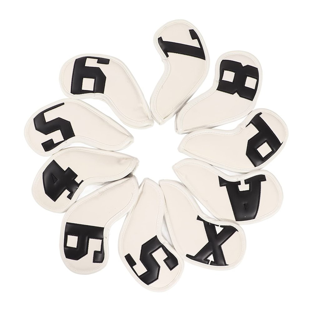 Golf Iron Headcovers, 10-Piece Set, White with Black Numbers