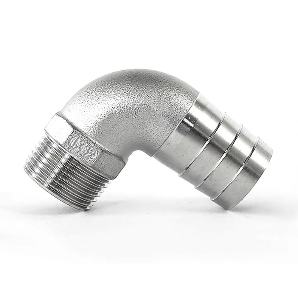 90-Degree Stainless Steel 304 Angled Hose Connector with Male Thread, Compatible with 6–50 mm Hose Inner Diameters (1-1/2 in x 32 mm)