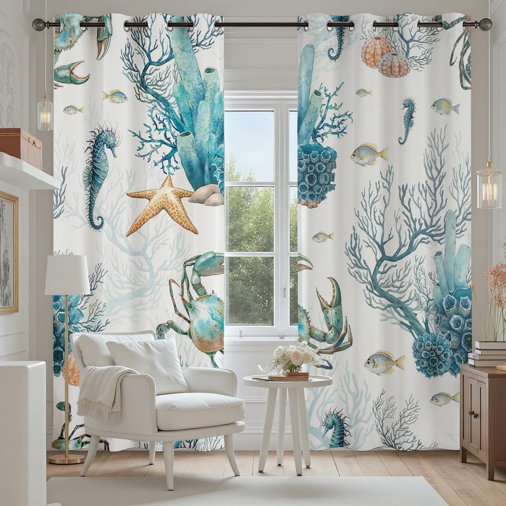 Nautical Coastal Curtains with Sea Life, Blackout Curtains
