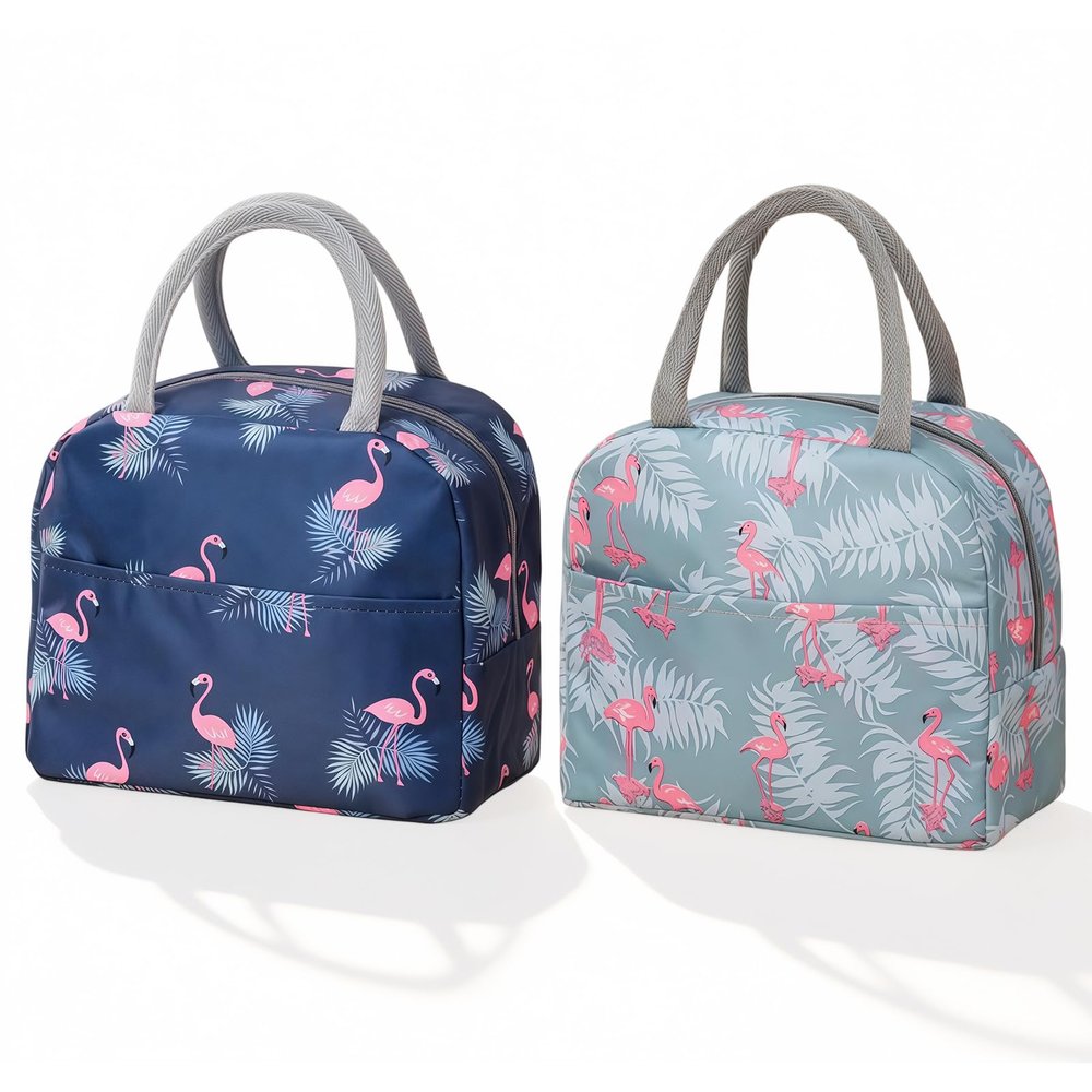 2-Pack Small Flamingo Insulated Lunch Bags, 20 x 22 x 13 cm, Gray and Dark Blue