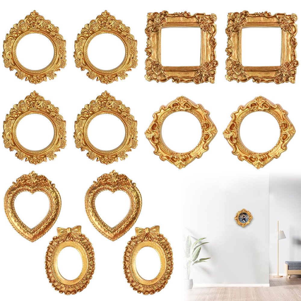 12 Mini Picture Frames - Gold Vintage Style