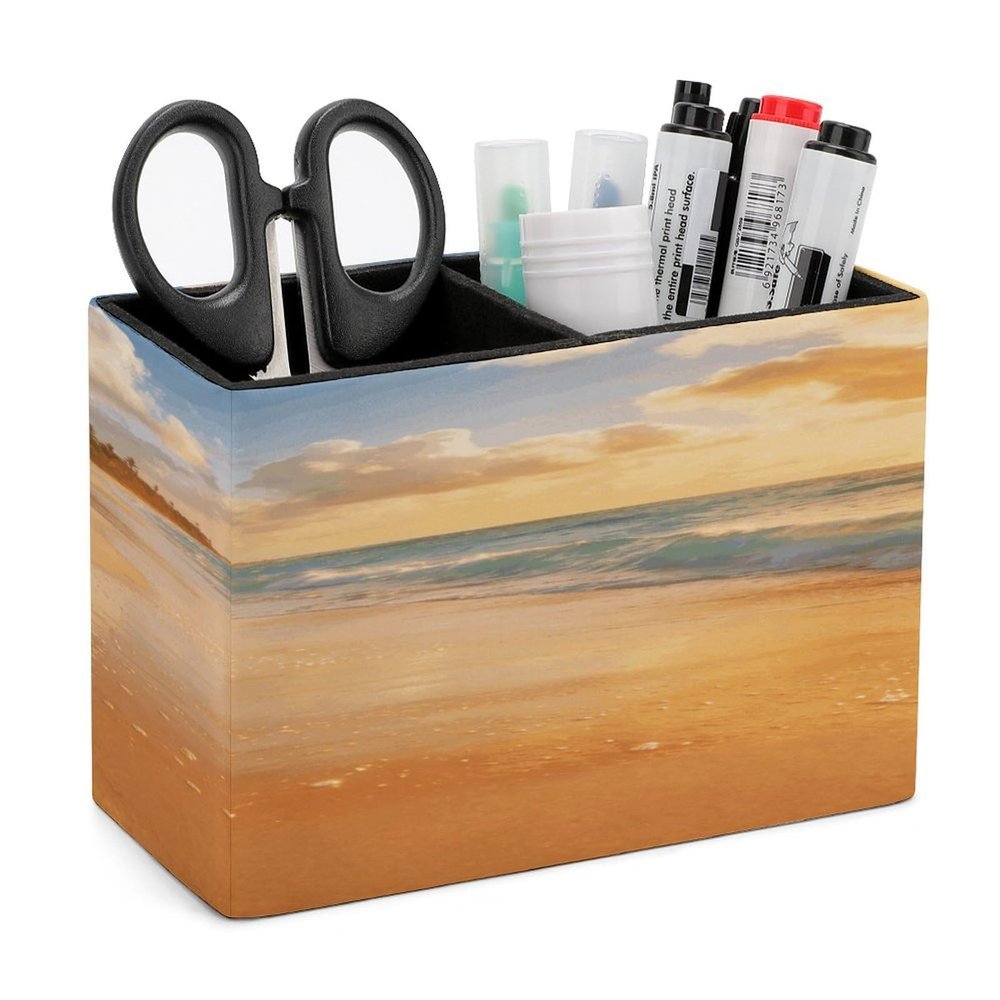 Square PU Leather Pen Holder with Beach-Inspired Design, 2 Compartments
