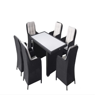 RAGNARK Poly Rattan Dining Set – German-Made, Table, 6 High-Back Chairs, 12 Cushions, Black