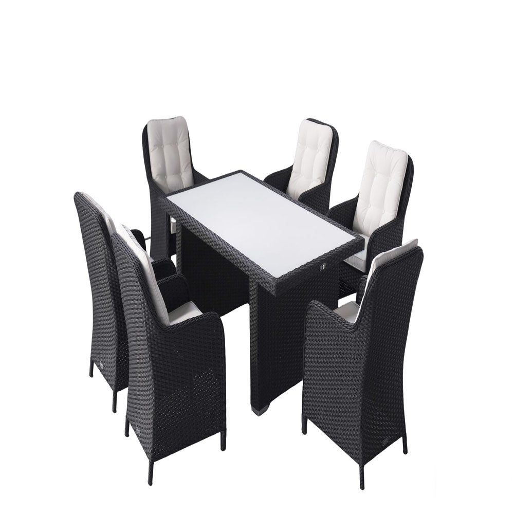 RAGNARK Poly Rattan Dining Set – German-Made, Table, 6 High-Back Chairs, 12 Cushions, Black