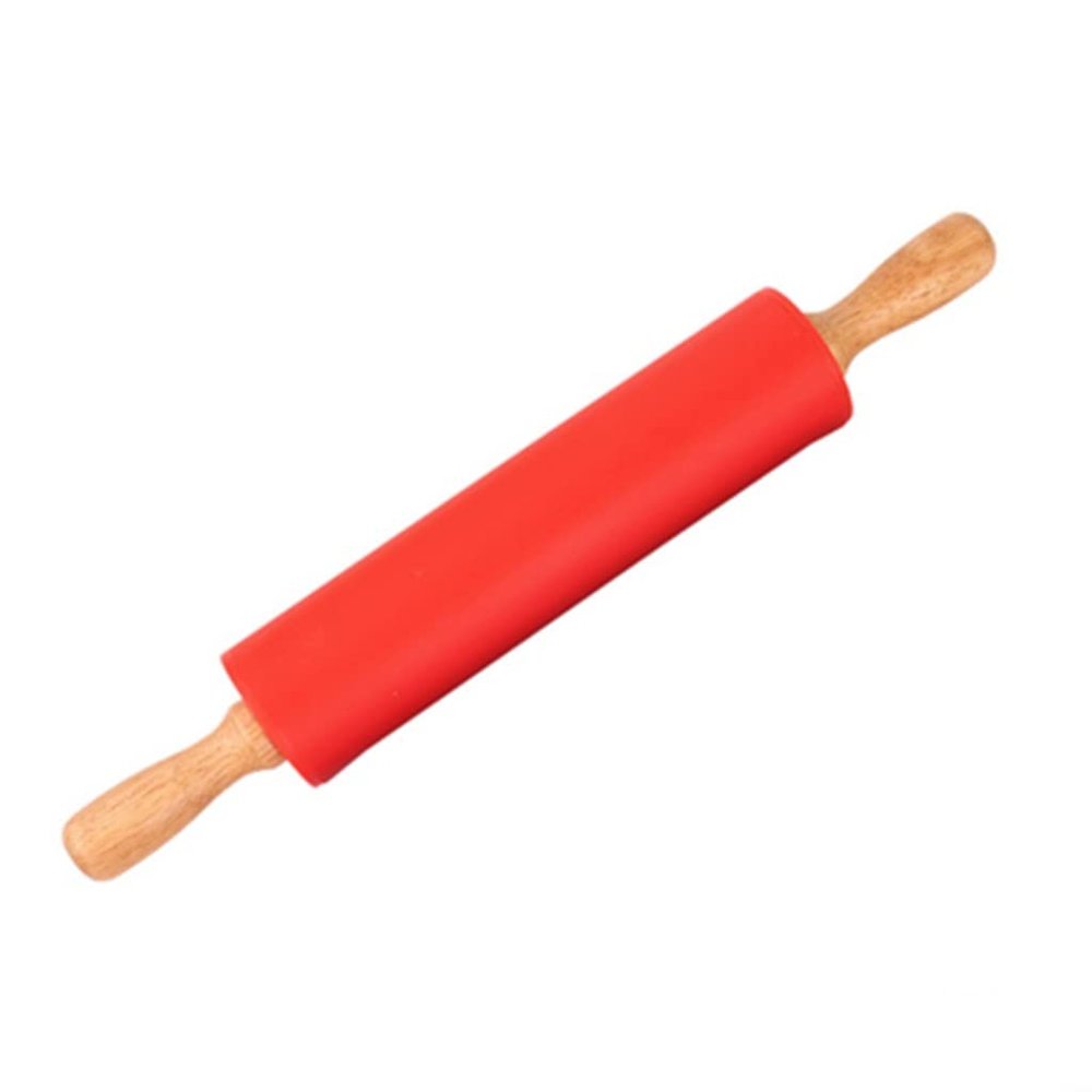 GDHKDDFL Baking Rolling Pin, 39 x 5 cm, Nonstick Silicone with Wooden Handles, Red