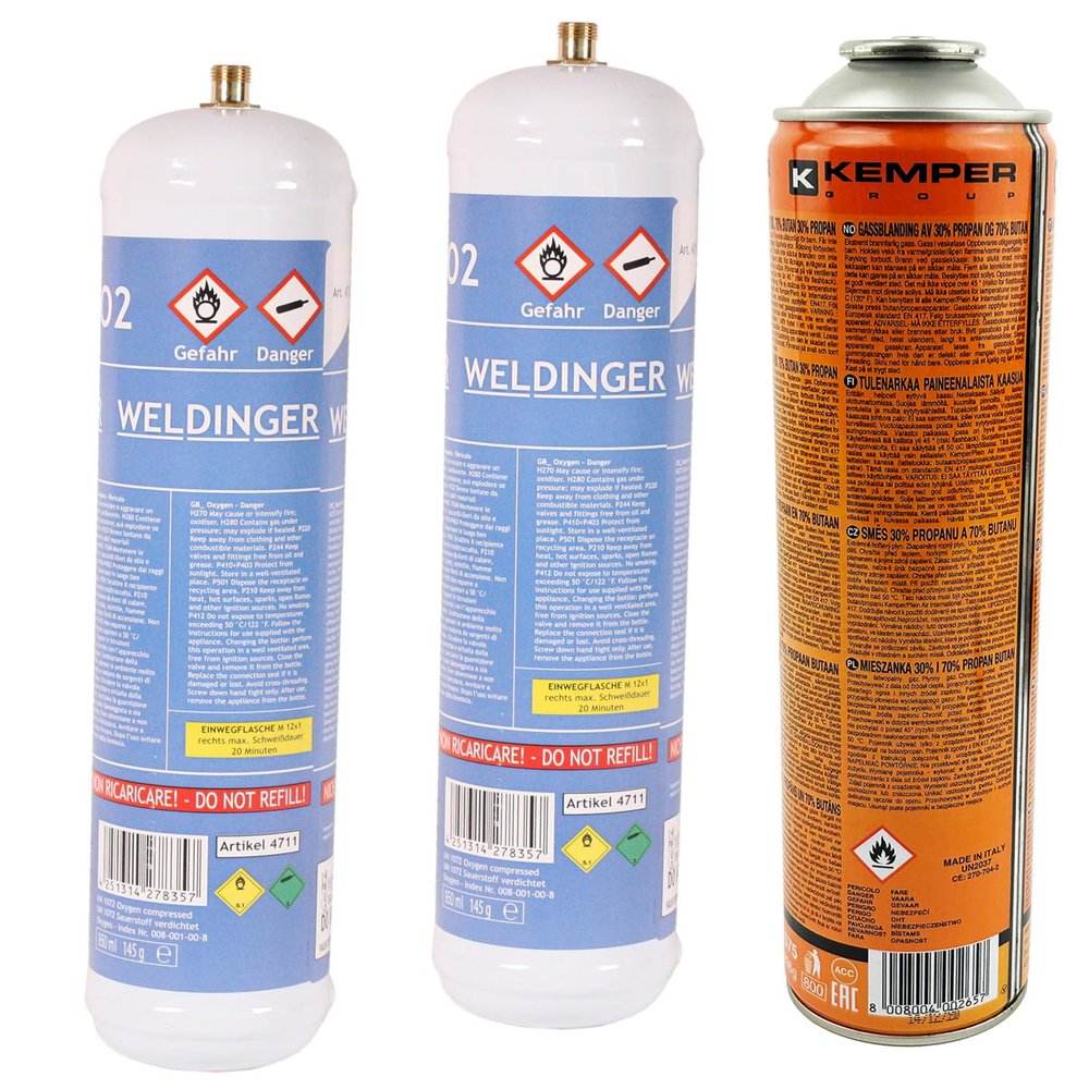 WELDINGER Set: 2 × 1 L Oxygen, M12×1 Right-Hand Thread + 1 × 600 mL Supergas Fuel Gas