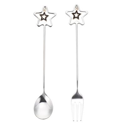 WESIEVYA Creative Silver Stainless Steel Star-Shaped Cake Fork and Spoon Set
