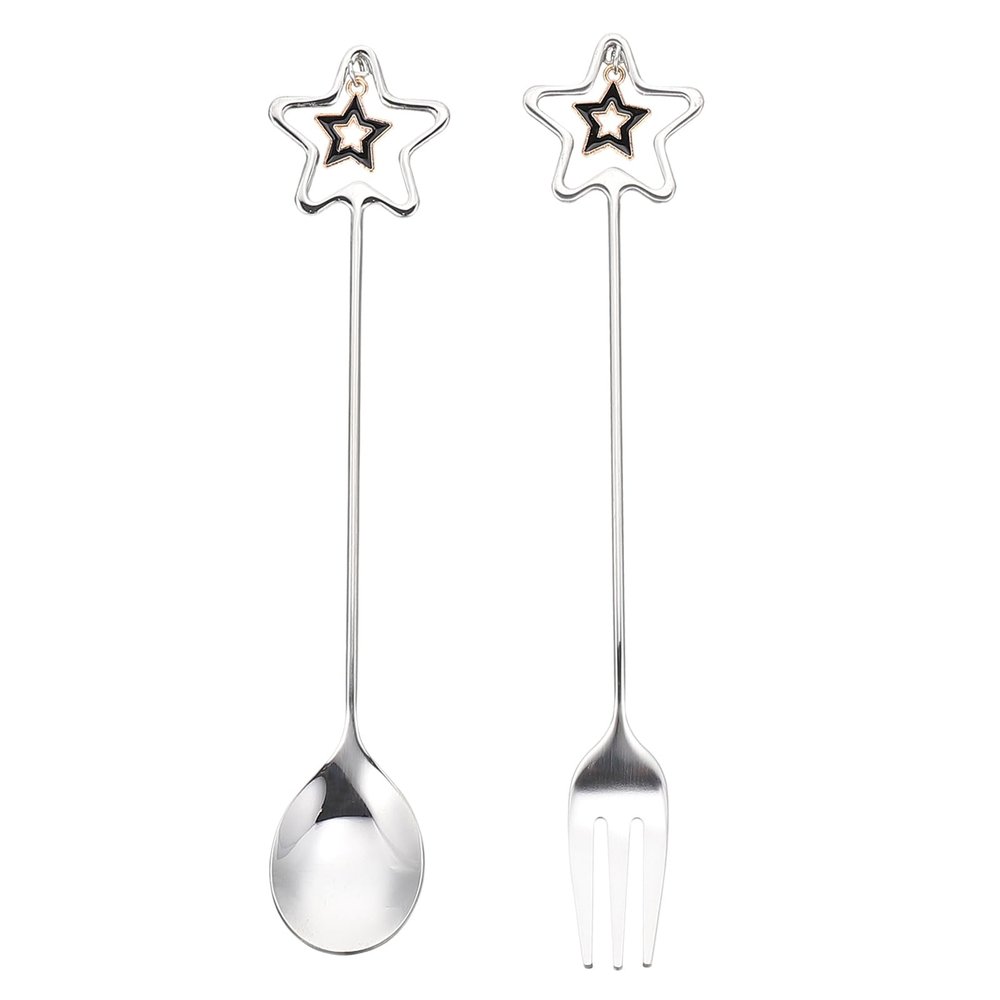 WESIEVYA Creative Silver Stainless Steel Star-Shaped Cake Fork and Spoon Set