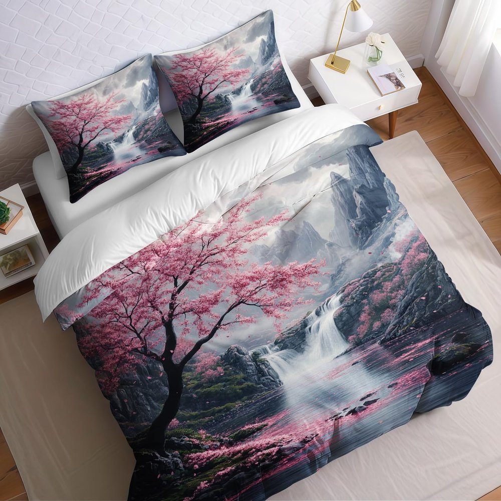 Kids' Bedding Set 155 x 220 cm, Cherry Blossoms by the Waterfall, Pink Microfiber