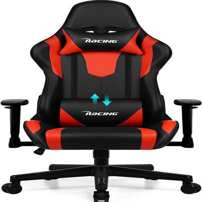 Homimaster Gaming Chair, Red, 150 kg Capacity, Reclining Backrest, Lumbar and Headrest Pillows