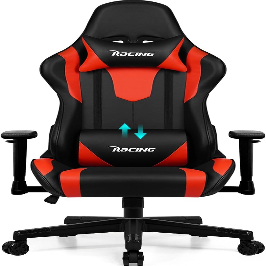 Homimaster Gaming Chair, Red, 150 kg Capacity, Reclining Backrest, Lumbar and Headrest Pillows