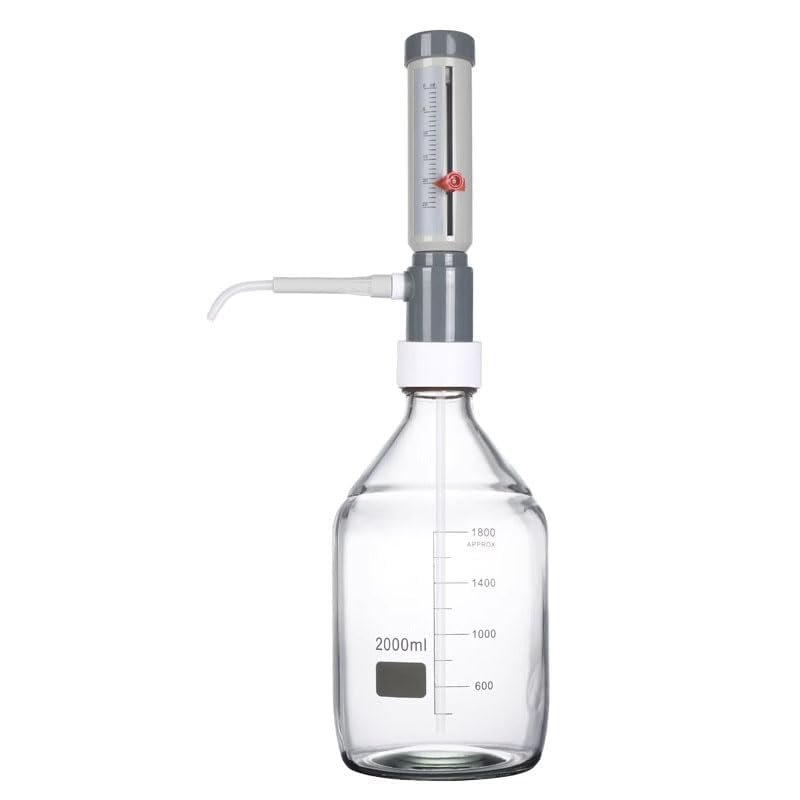 Liquid dispenser for 2,000 mL glass bottles, adjustable volume, chemical-resistant