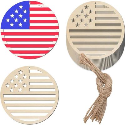Lpitoy 20 Pcs Round Unfinished Wood Tags USA Flag Design