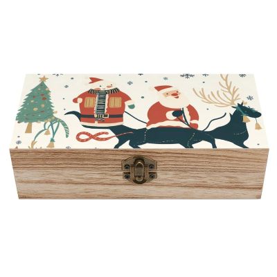 HLBSDM Vintage Christmas Wooden Storage Box with Hinged Lid