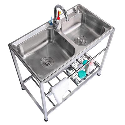 ZQFHSX Commercial 2-Compartment Stainless Steel Sink Set, Freestanding, with Shelf and Cold-Water Faucet, 83.1 x 43.9 x 77 cm