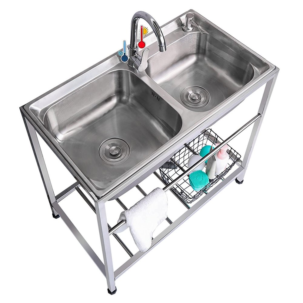 ZQFHSX Commercial 2-Compartment Stainless Steel Sink Set, Freestanding, with Shelf and Cold-Water Faucet, 83.1 x 43.9 x 77 cm
