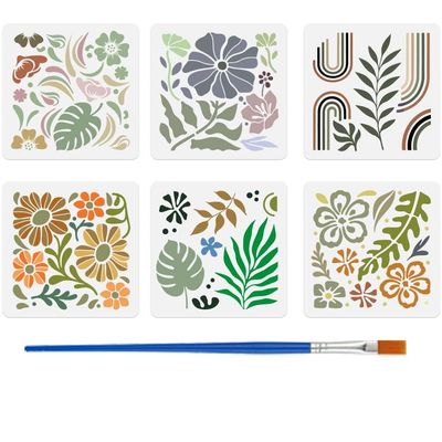 FINGERINSPIRE 6-Piece Boho Plant Stencil Set with Brush 15x15cm