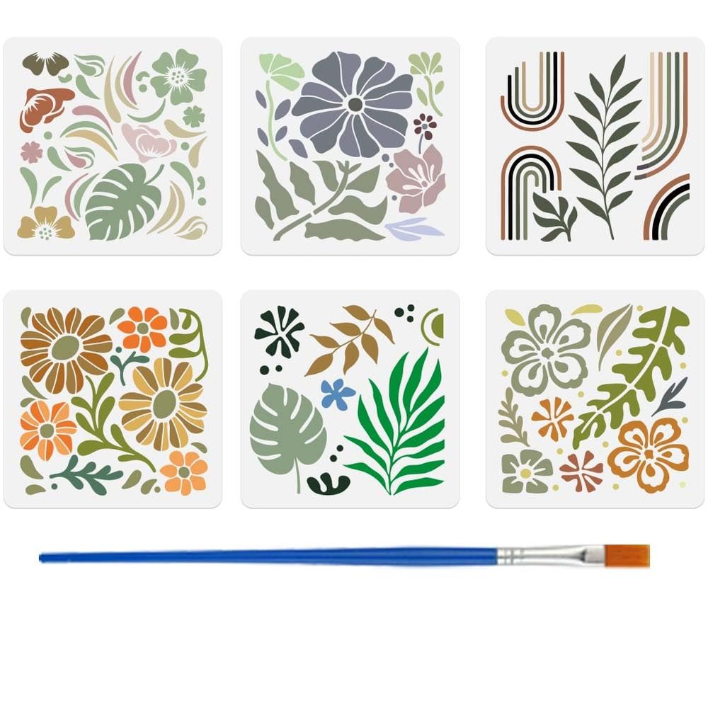 FINGERINSPIRE 6-Piece Boho Plant Stencil Set with Brush 15x15cm
