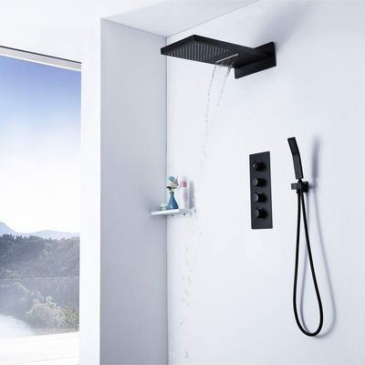 Black Wall-Mounted Waterfall Shower System with Thermostat