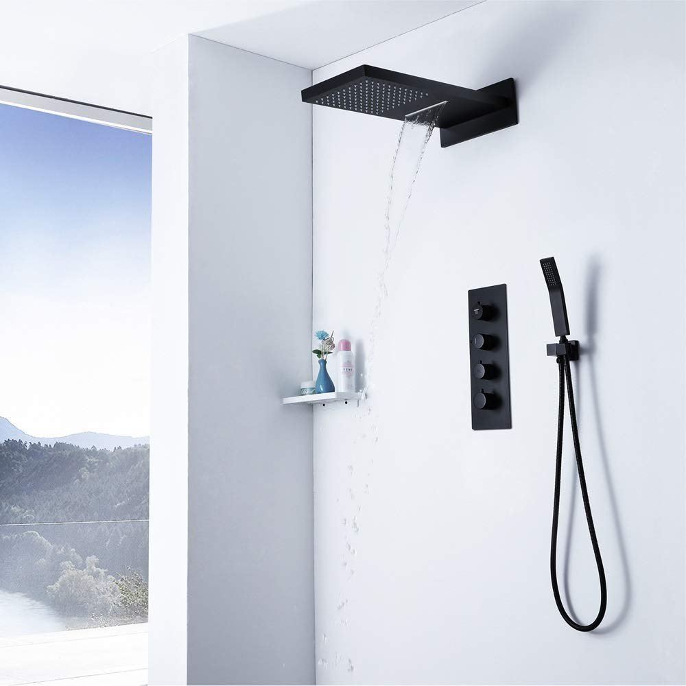 Black Wall-Mounted Waterfall Shower System with Thermostat