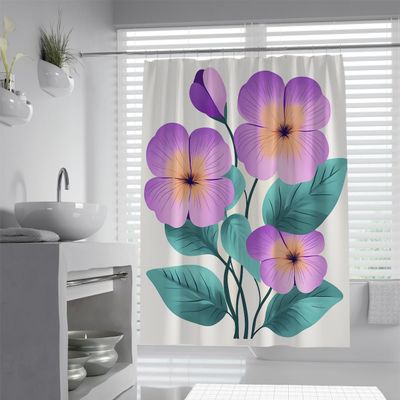 UERWOWELL Scandinavian Minimalist Shower Curtain, Purple Flowers and Blue-Green Foliage, Quick-Drying Fabric, 120 x 200 cm