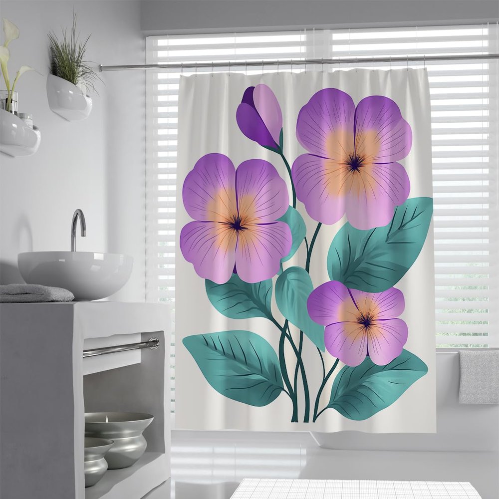 UERWOWELL Scandinavian Minimalist Shower Curtain, Purple Flowers and Blue-Green Foliage, Quick-Drying Fabric, 120 x 200 cm