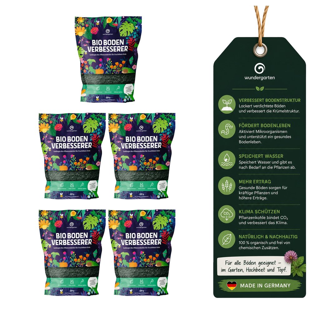 5 x 500 g Organic Soil Improver with Biochar – Wundergarten for Gardens, Raised Beds & Plants