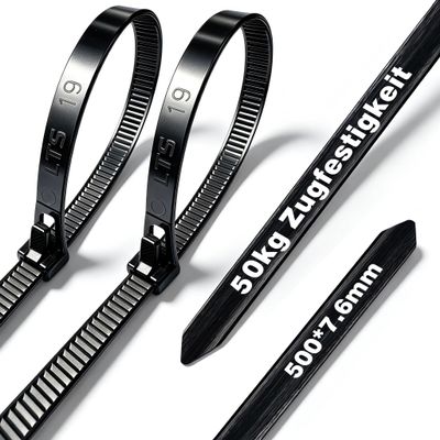 Reusable Black Cable Ties, 500 x 7.6 mm, Wide, 20-Pack, UV-Resistant Nylon, Adjustable (BRT500)