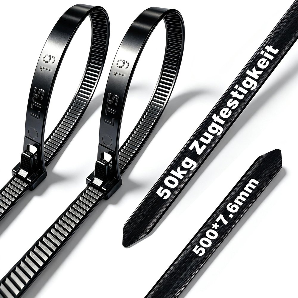 Reusable Black Cable Ties, 500 x 7.6 mm, Wide, 20-Pack, UV-Resistant Nylon, Adjustable (BRT500)