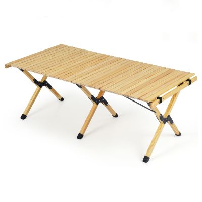 HOMASIS Portable Folding Camping Table for 4–6 People, Roll-Up Pine Wood Picnic Table with Carrying Bag
