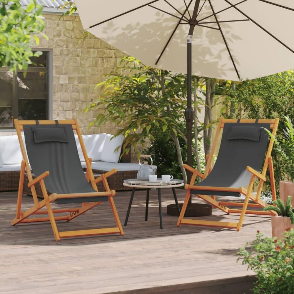 Set of 2 Folding Beach Chairs with Gray Fabric, Adjustable Reclining Positions, and Wooden Frames