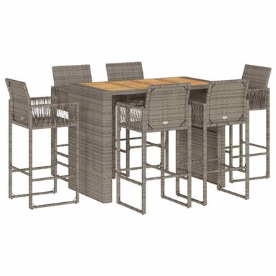 SooIarix 7-Piece Gray Poly Rattan and Acacia Garden Bar Set with 6 Bar Stools and Bar Table