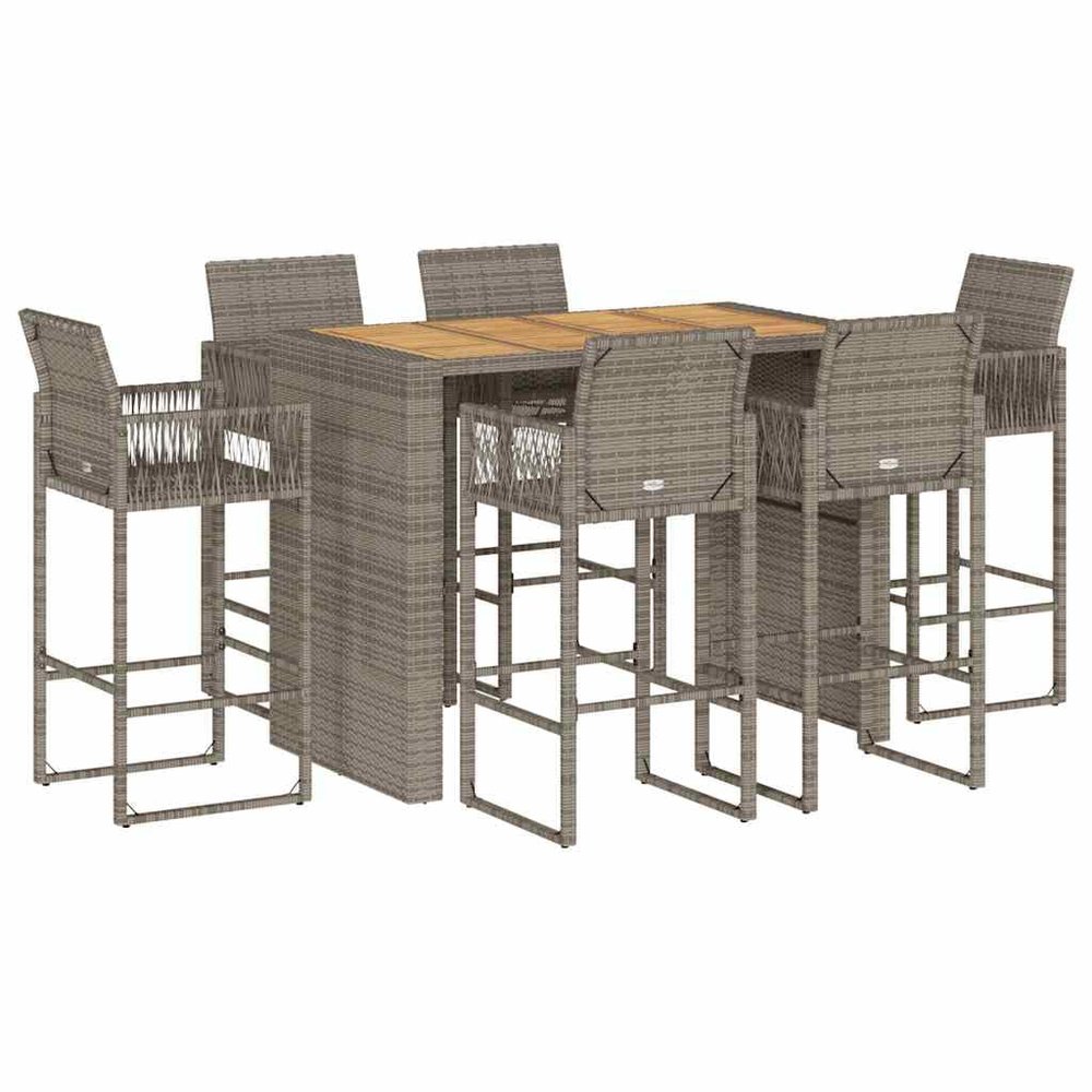 SooIarix 7-Piece Gray Poly Rattan and Acacia Garden Bar Set with 6 Bar Stools and Bar Table
