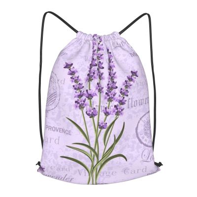 HEBSDFG Drawstring Backpack with Lavender Stamp Print, Adjustable Cord Bag for Women and Men, Black, S, Daypack