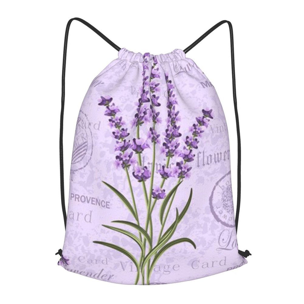 HEBSDFG Drawstring Backpack with Lavender Stamp Print, Adjustable Cord Bag for Women and Men, Black, S, Daypack