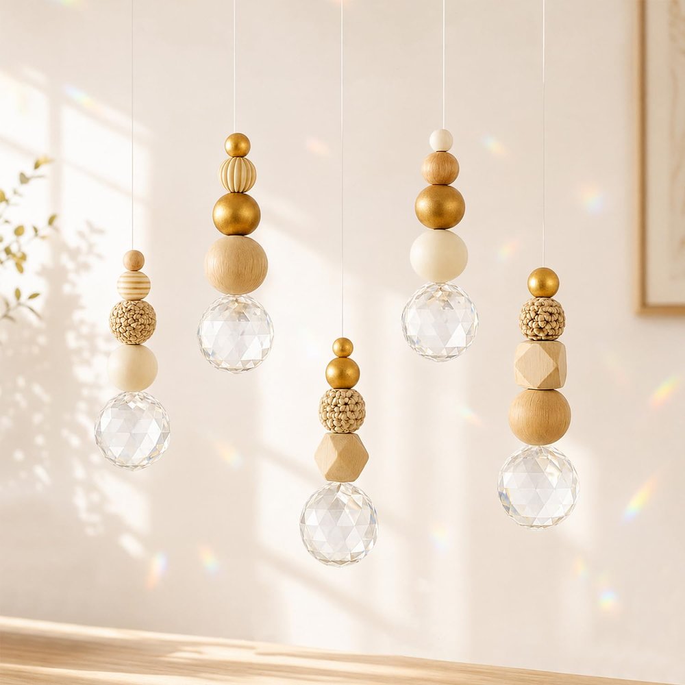 5-Piece Window Suncatcher Set, DIY Suncatcher Craft with Crystal and Wood Beads for Soft Rainbow Light