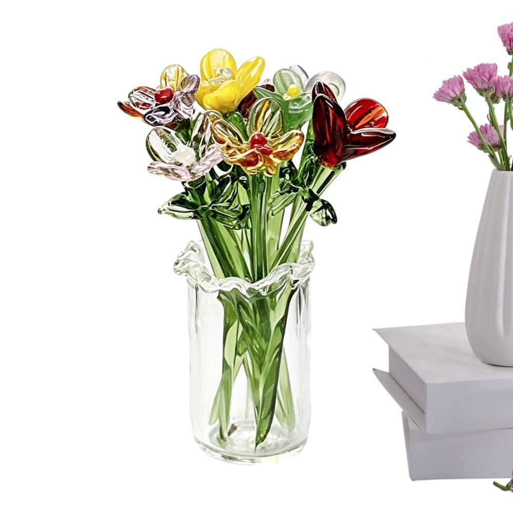 Crystal Glass Flowers with Mini Vase, 2.17 x 1.02 in, Portable Tabletop Decor