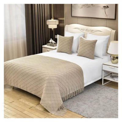 SaryEdge Knitted Tassel Bed Runner, Khaki Small, 127 x 172 cm