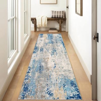 Siunwdiy Washable Runner Rug 60 x 260 cm, Non-Slip Blue Abstract Hallway Runner
