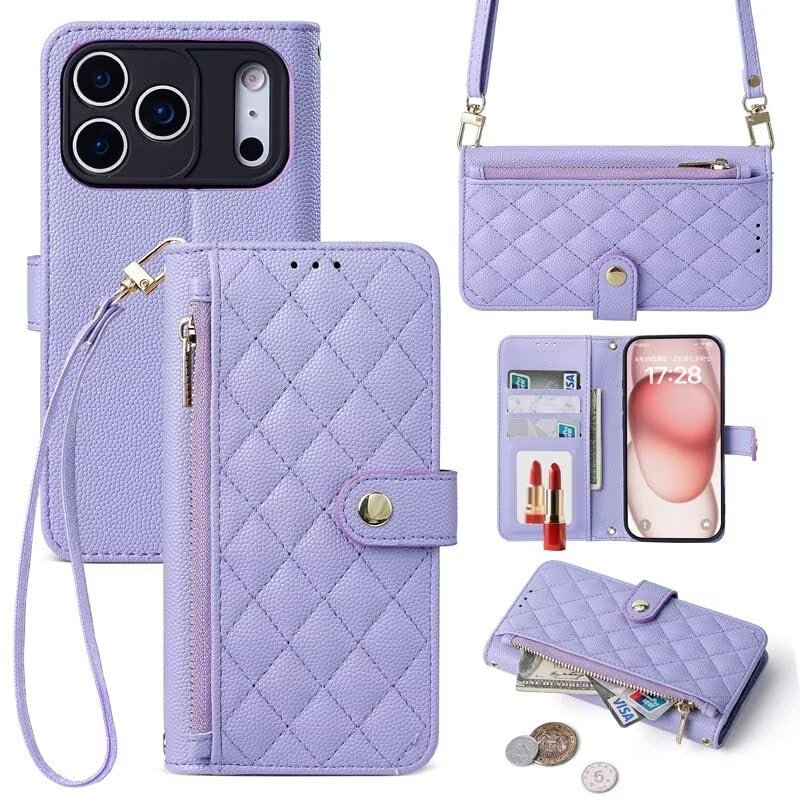 Crossbody Phone Case for Samsung Galaxy S21 FE, Purple PU Leather Wallet Case with Strap