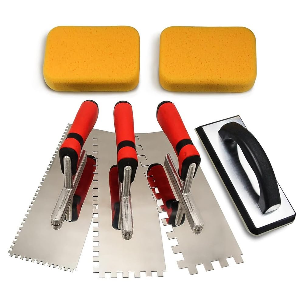 Agmoctz Stainless Steel Square-Notch Trowel Set, Grout Float and Sponges