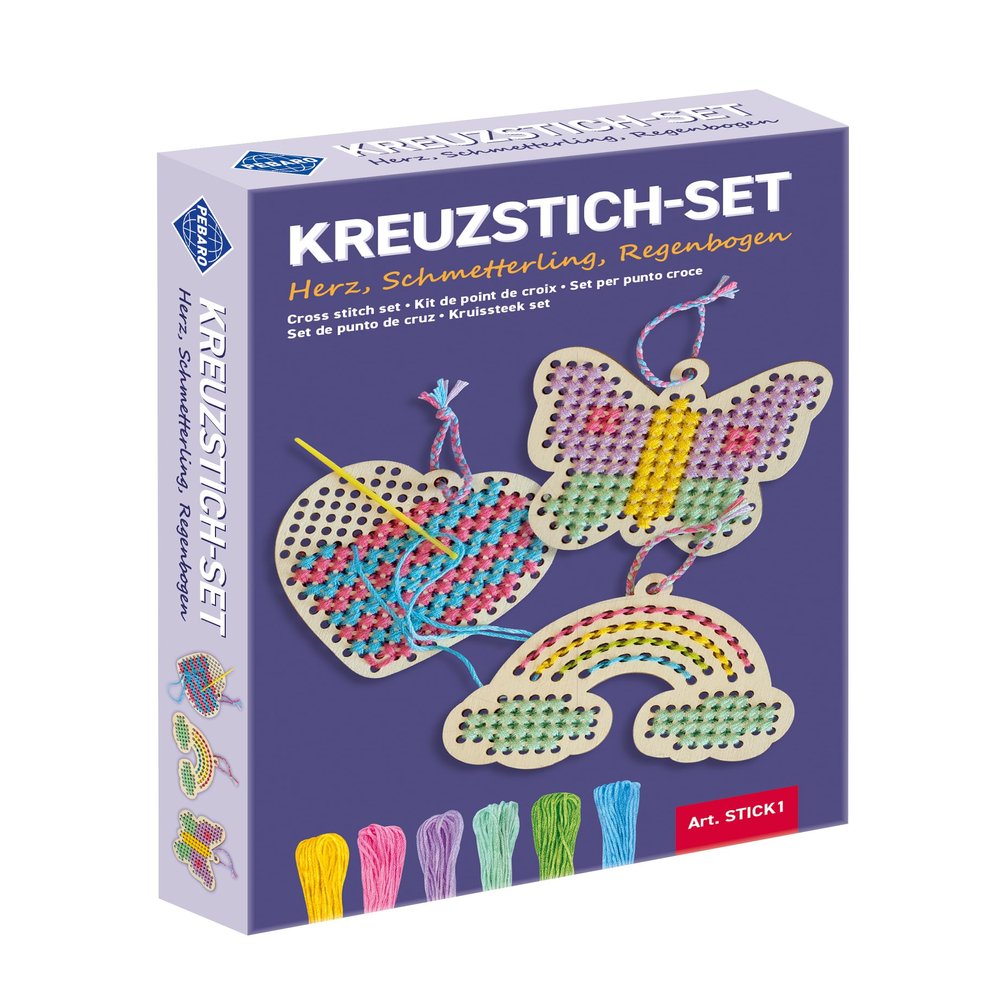 Pebaro STICK1 - Cross Stitch Set: Heart, Butterfly, Rainbow