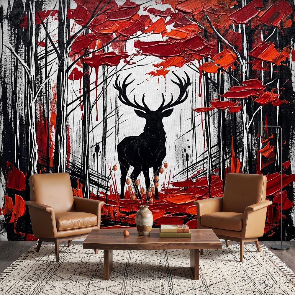 PaxGloz Deer Forest Oil Painting Wall Mural, Black and Red Abstract Nonwoven Wallpaper, 500 x 280 cm (W x H)