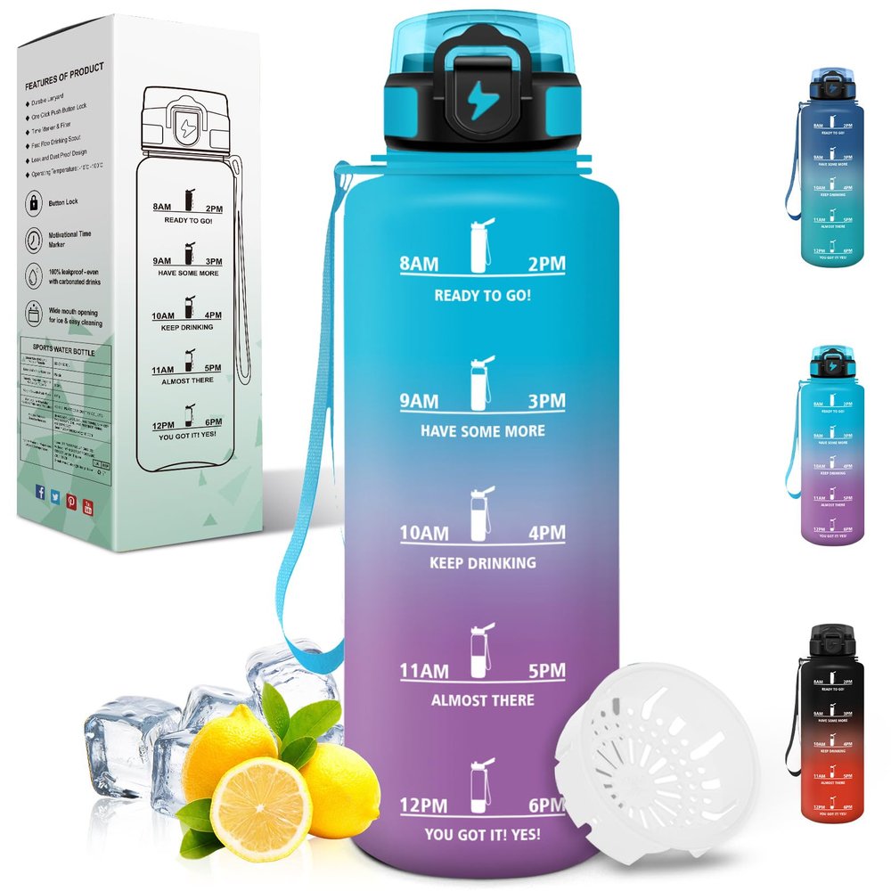 Motswedi 1.5L Water Bottle with Time Markings and Filter, Blue & Purple