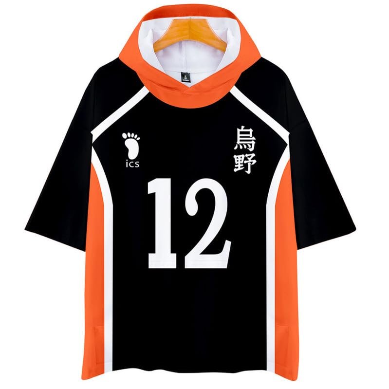 Schafrog Karasuno High School Yamaguchi Tadashi Volleyball Hooded T-Shirt Cosplay Costume No. 12, Orange, XS (102 cm bust)