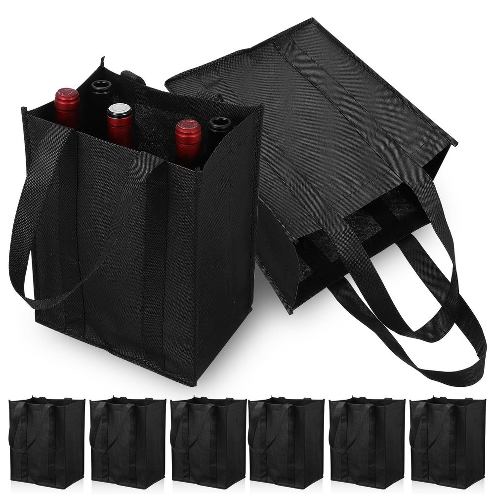 6-Bottle Wine Bag with Compartments, Nonwoven Fabric, Black