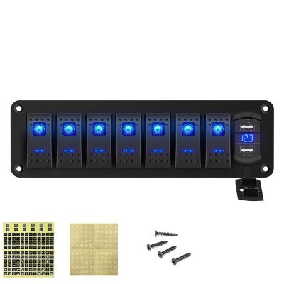 8-Gang 12V/24V Blue LED Rocker Switch Panel for Marine, Truck, Camper, Car and Boat