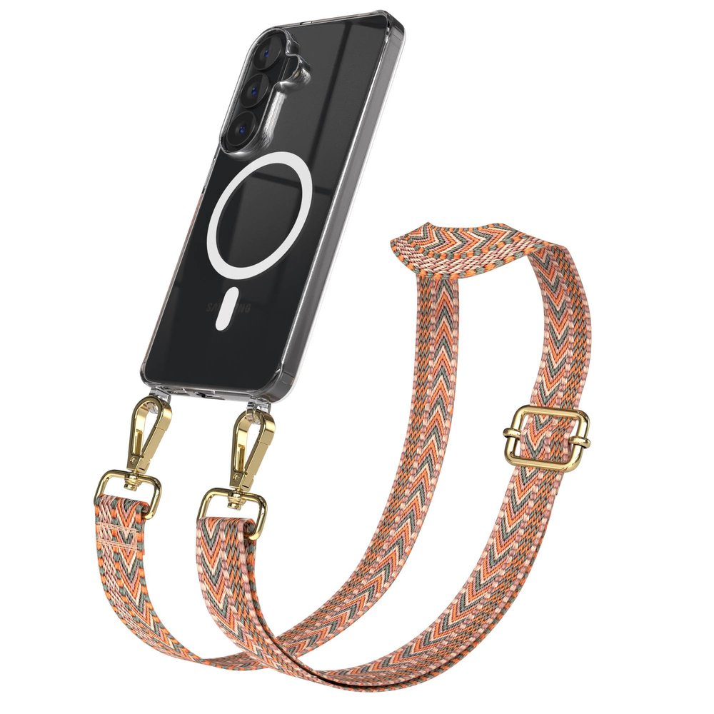 EAZY CASE Phone Lanyard for Galaxy S26 – Adjustable Strap with Silicone Case, Qi Charging Compatible, Orange/Green/Gold